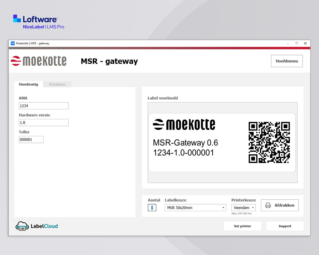 NiceLabel 10 LMS Pro applicatie voor het printen van MSR-gateway labels met QR-code en serienummer